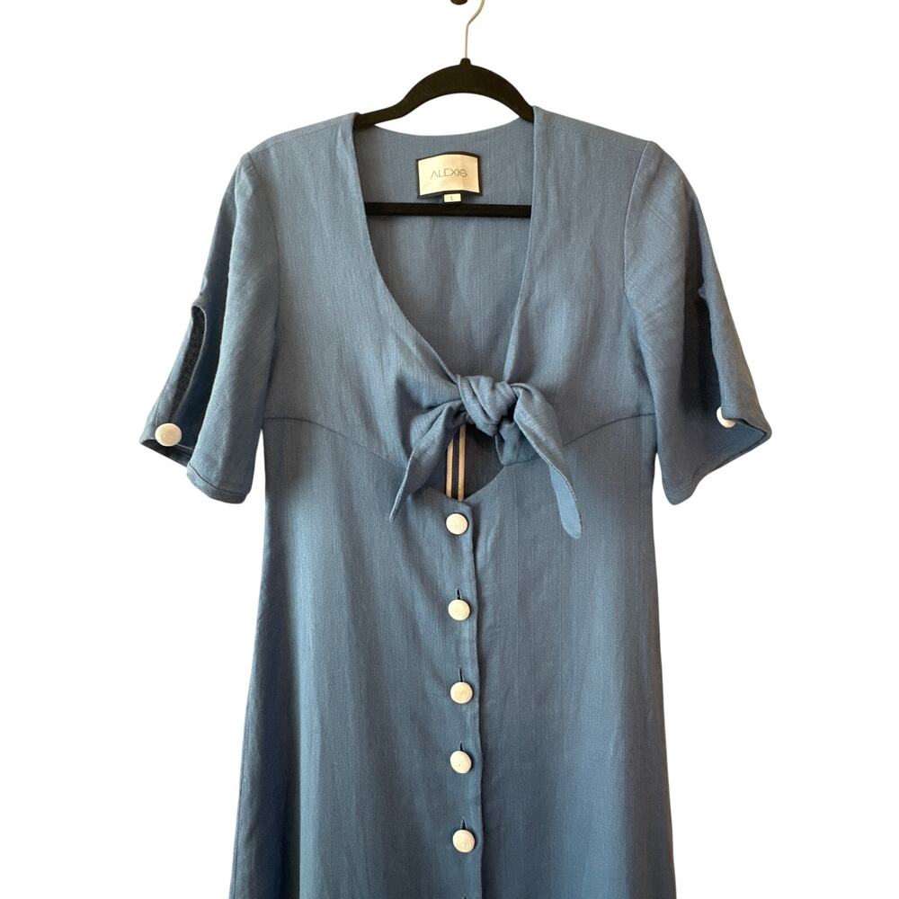 Alexis Jameela Shell Blue Linen Maxi Dress Tie Front Button Size L - Picture 10 of 16